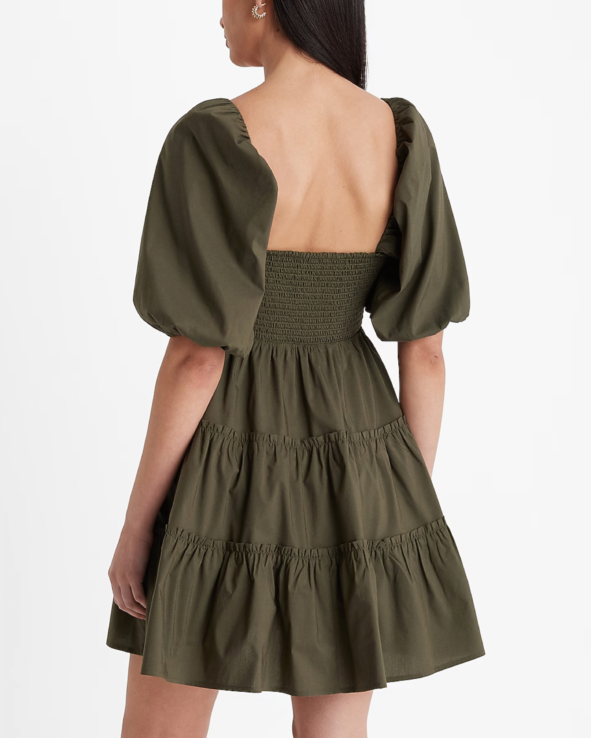 V-Neck Puff Sleeve Cutout Tiered Dress EXPRESS (talla Small) - 2