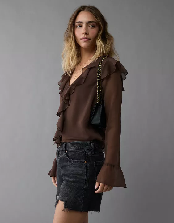 American Eagle Chiffon Bell Sleeve Ruffle Blouse nueva (talla Small) - 2