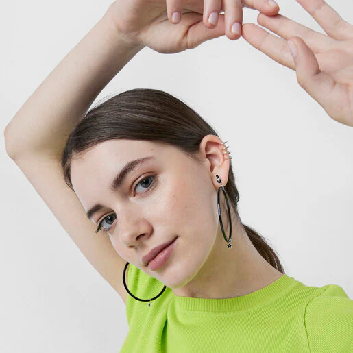 Large Mini Onix Earrings in Resin with Silver and Onyx TOUS