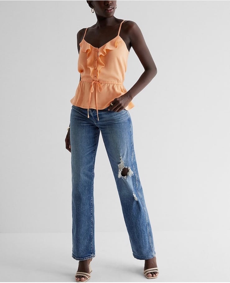 Ruffle Button Up Peplum Cami EXPRESS nueva (talla L)