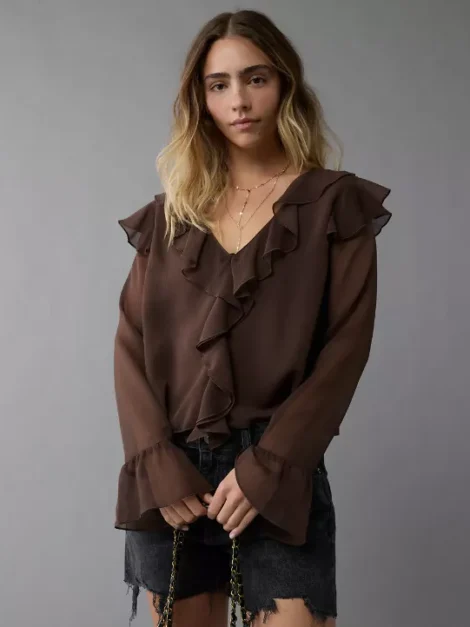 American Eagle Chiffon Bell Sleeve Ruffle Blouse nueva (talla Small)