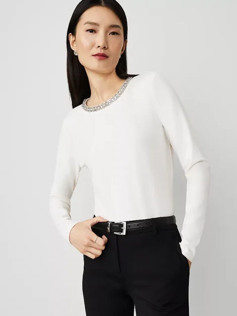 Petite Jeweled-Neck Top Ann Taylor (talla XS)
