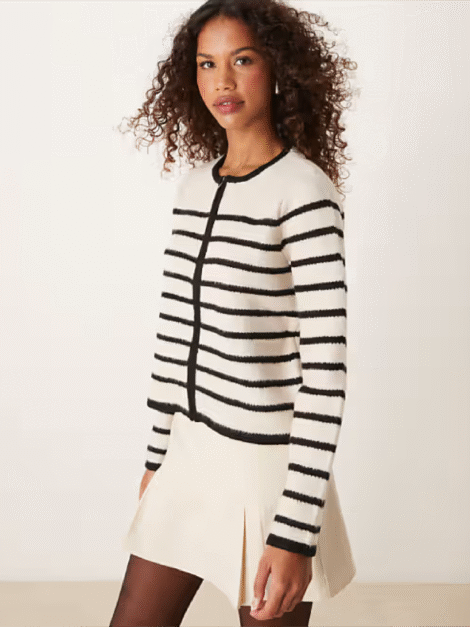 Cárdigan blanco a rayas con cremallera de Mango (talla XL, parece L)