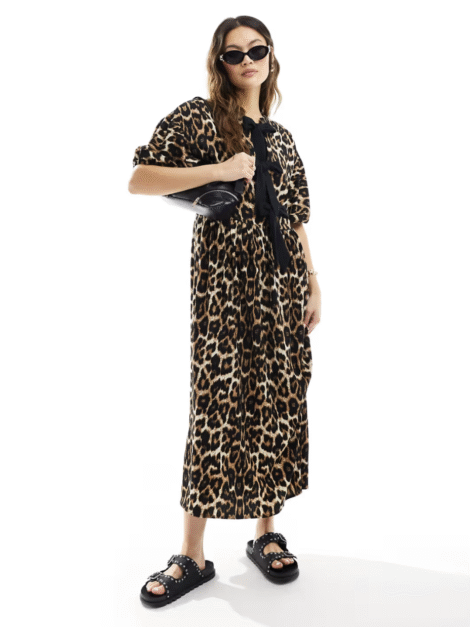 ASOS DESIGN puff sleeve tie front maxi dress in leopard print (talla 8)