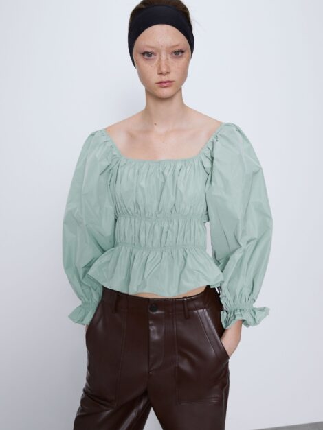 Zara Mint Green Puff Sleeve Blouse (talla small)