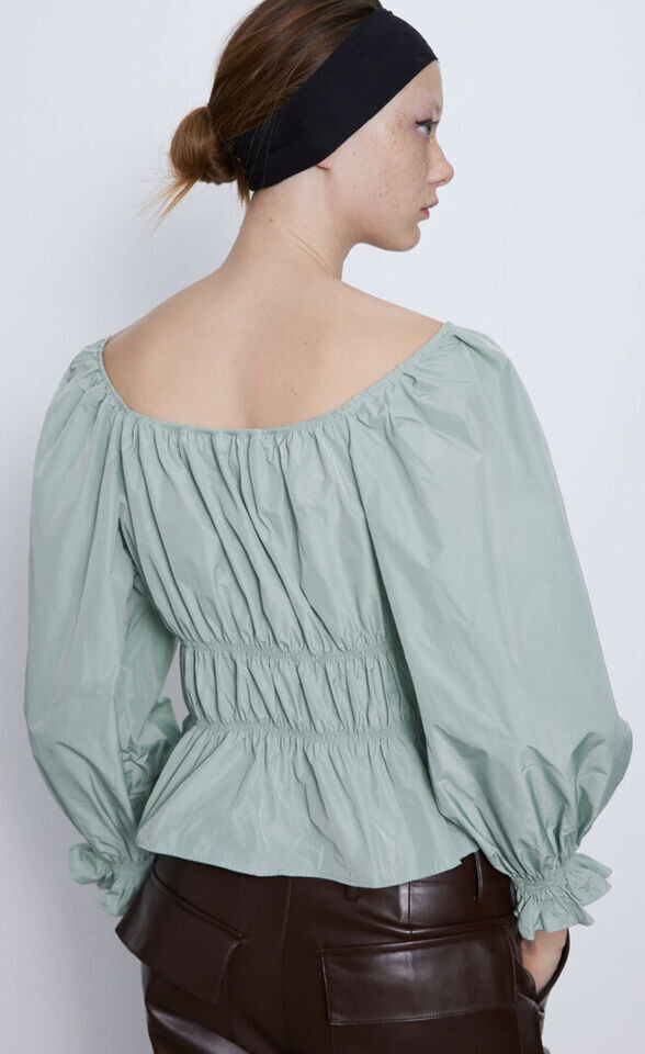Zara Mint Green Puff Sleeve Blouse (talla small)
