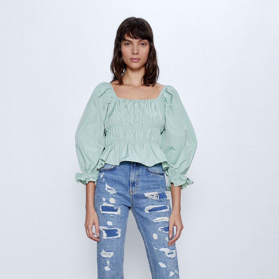 Zara Mint Green Puff Sleeve Blouse (talla small)
