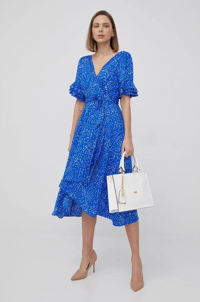 DKNY Flutter Sleeve V- Neck Faux Wrap Dress (Talla small)