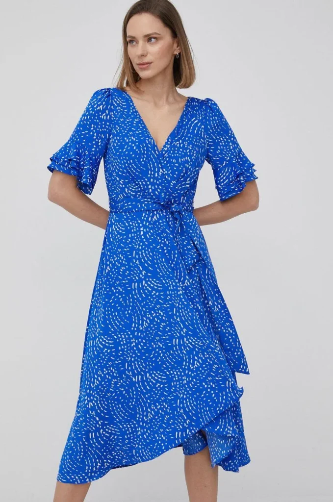 DKNY Flutter Sleeve V- Neck Faux Wrap Dress (Talla small)
