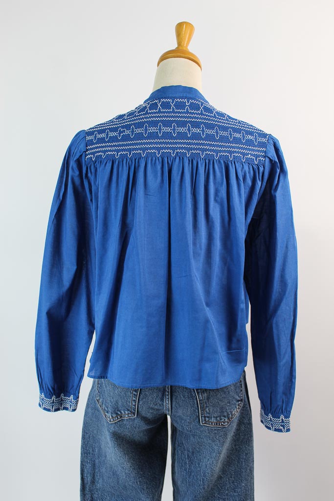 Zara Blue White Floral Embroidered Boho Blouse (talla XS)