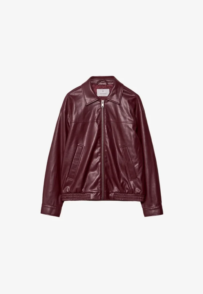 Stradivarius Chaqueta de cuero sintético – dark red (talla L) NUEVA
