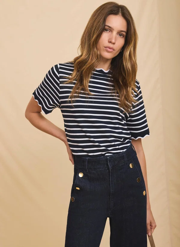 MINT VELVET  Stripe Scallop Trim T-Shirt (talla small)